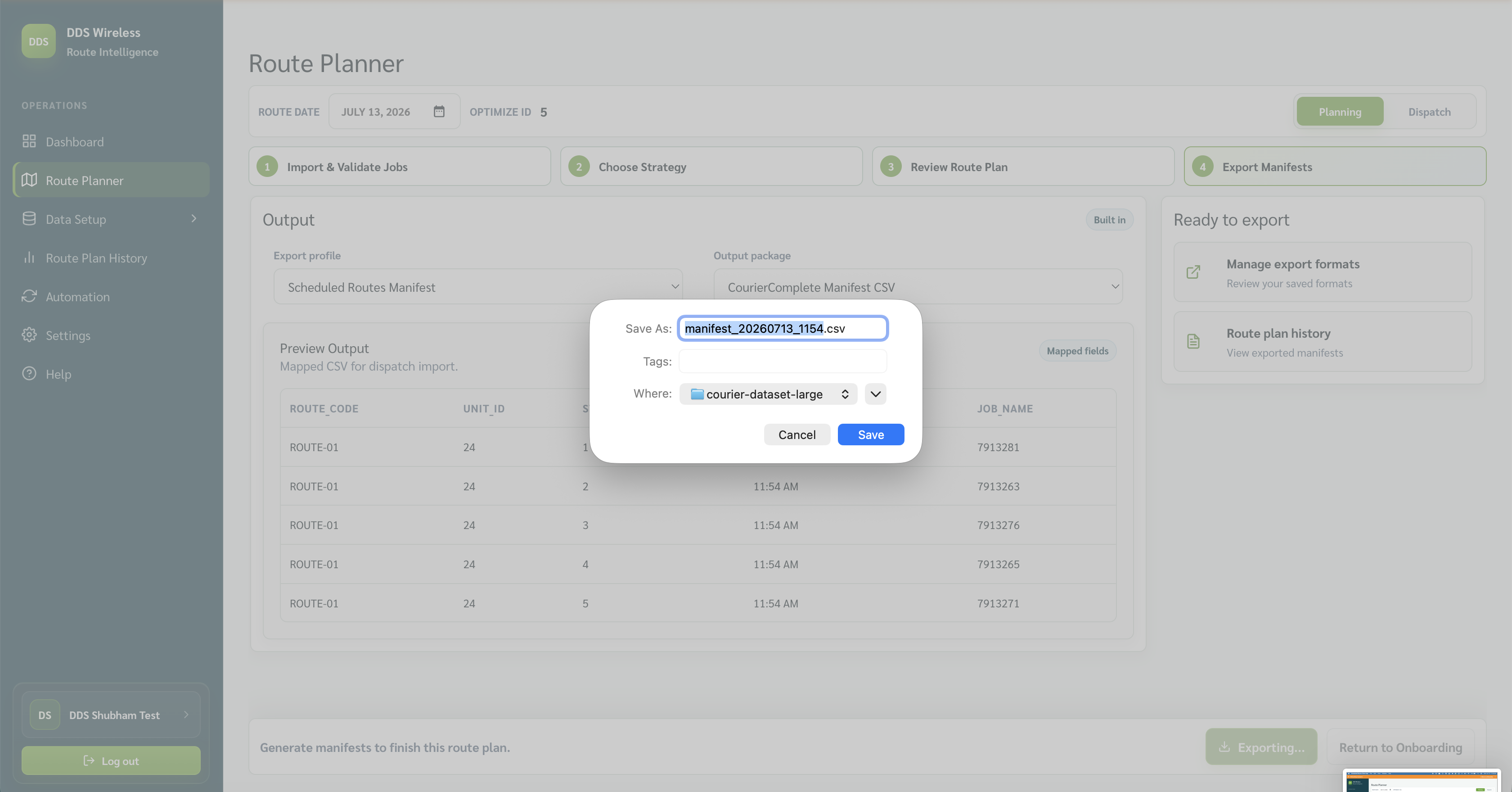 Export Manifests step after a successful export, with the Regenerate button visible.