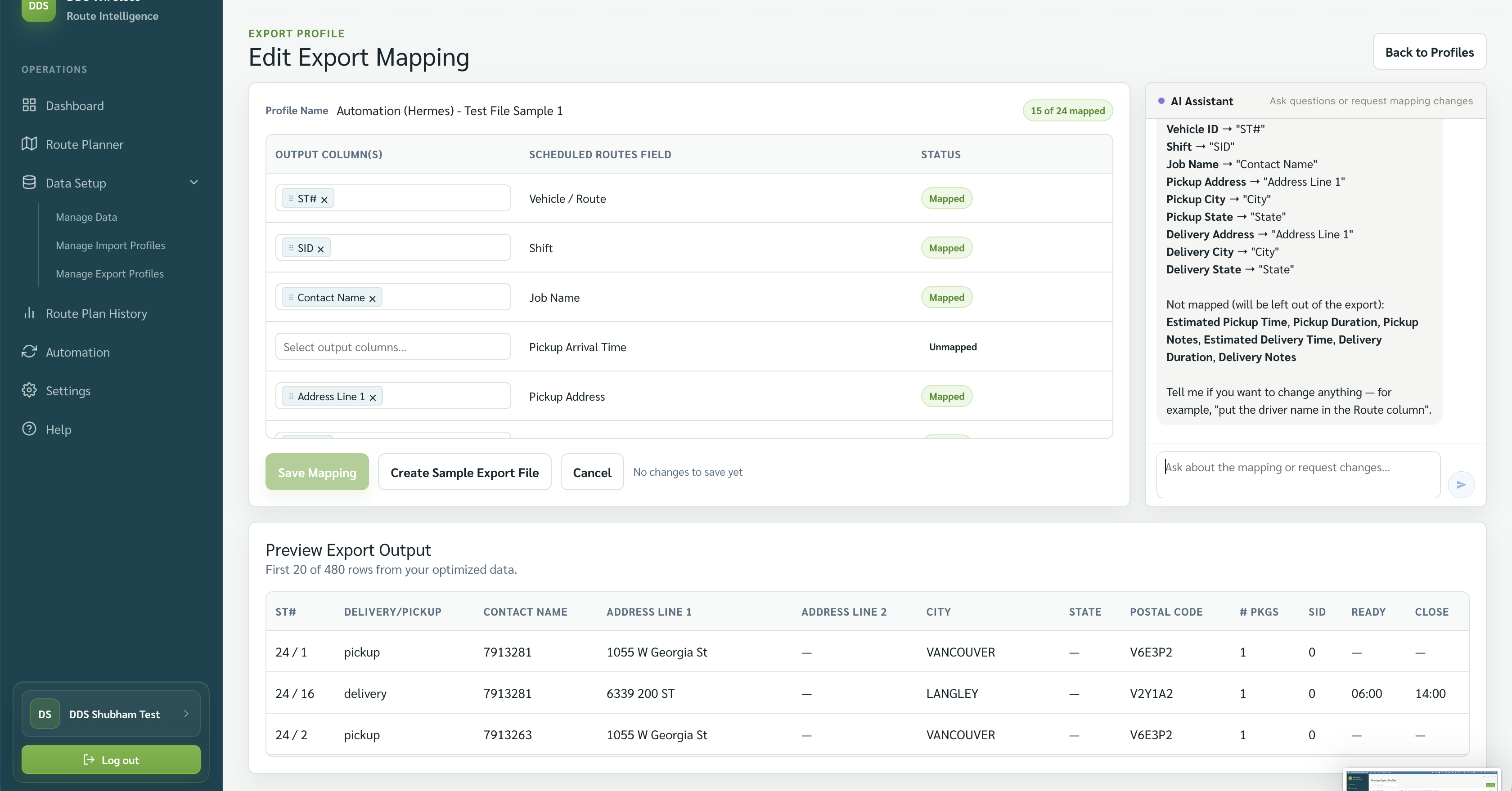 Edit Export Mapping showing available fields and Preview Export Output.