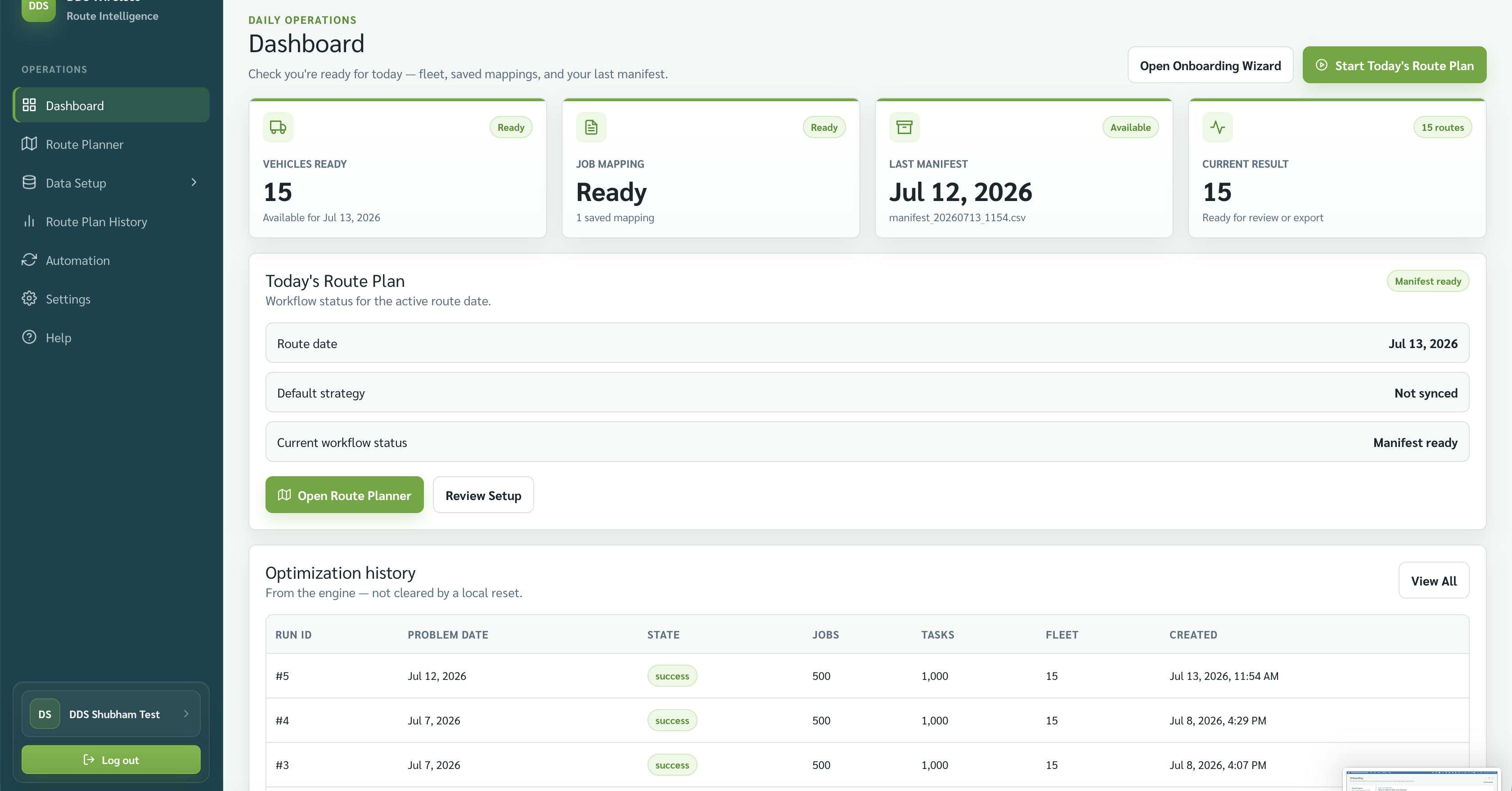 Dashboard showing *Start Today's Route Plan* and *Open Onboarding*.