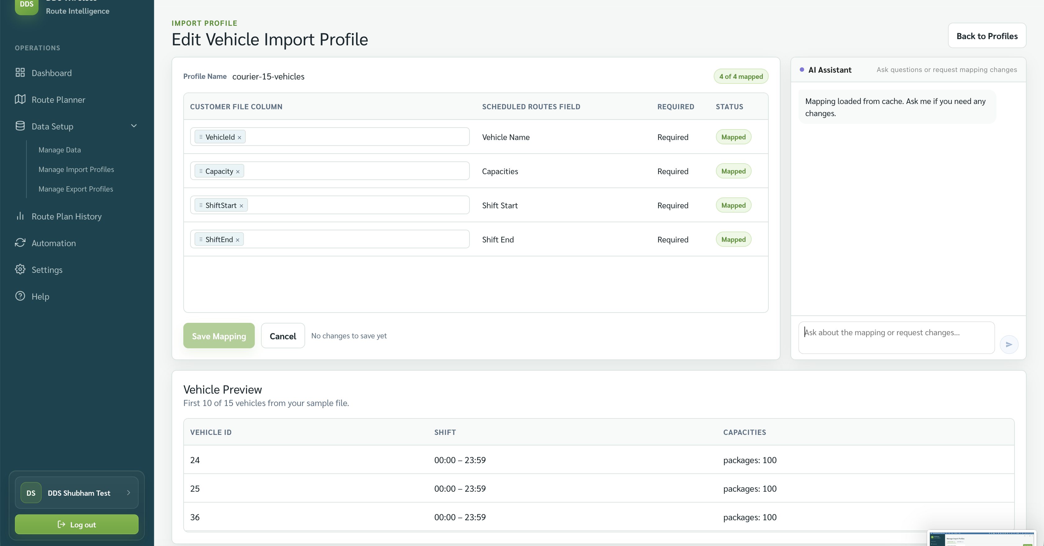 Edit Vehicle Import Profile showing the four required mappings and a vehicle preview.