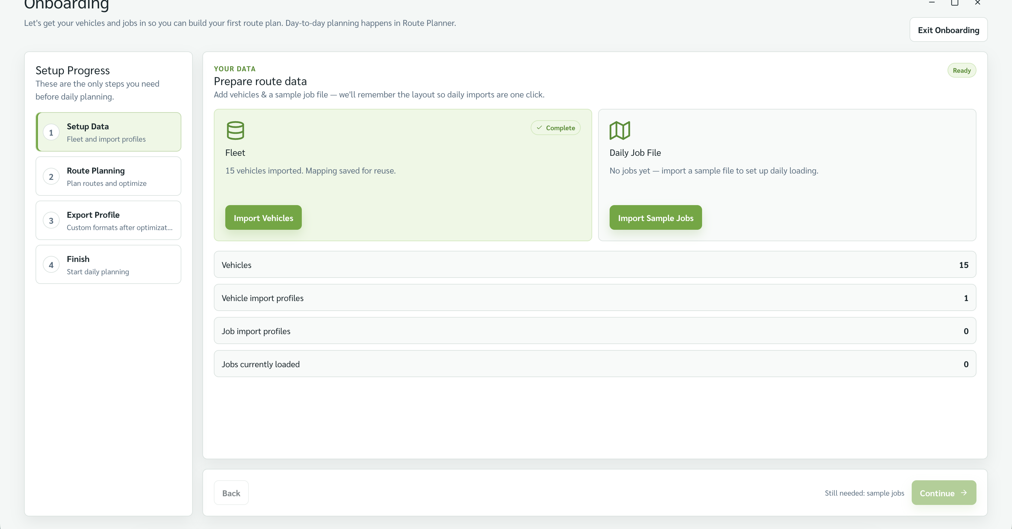 Onboarding Setup Data with Import Sample Jobs in the Daily Job File card.