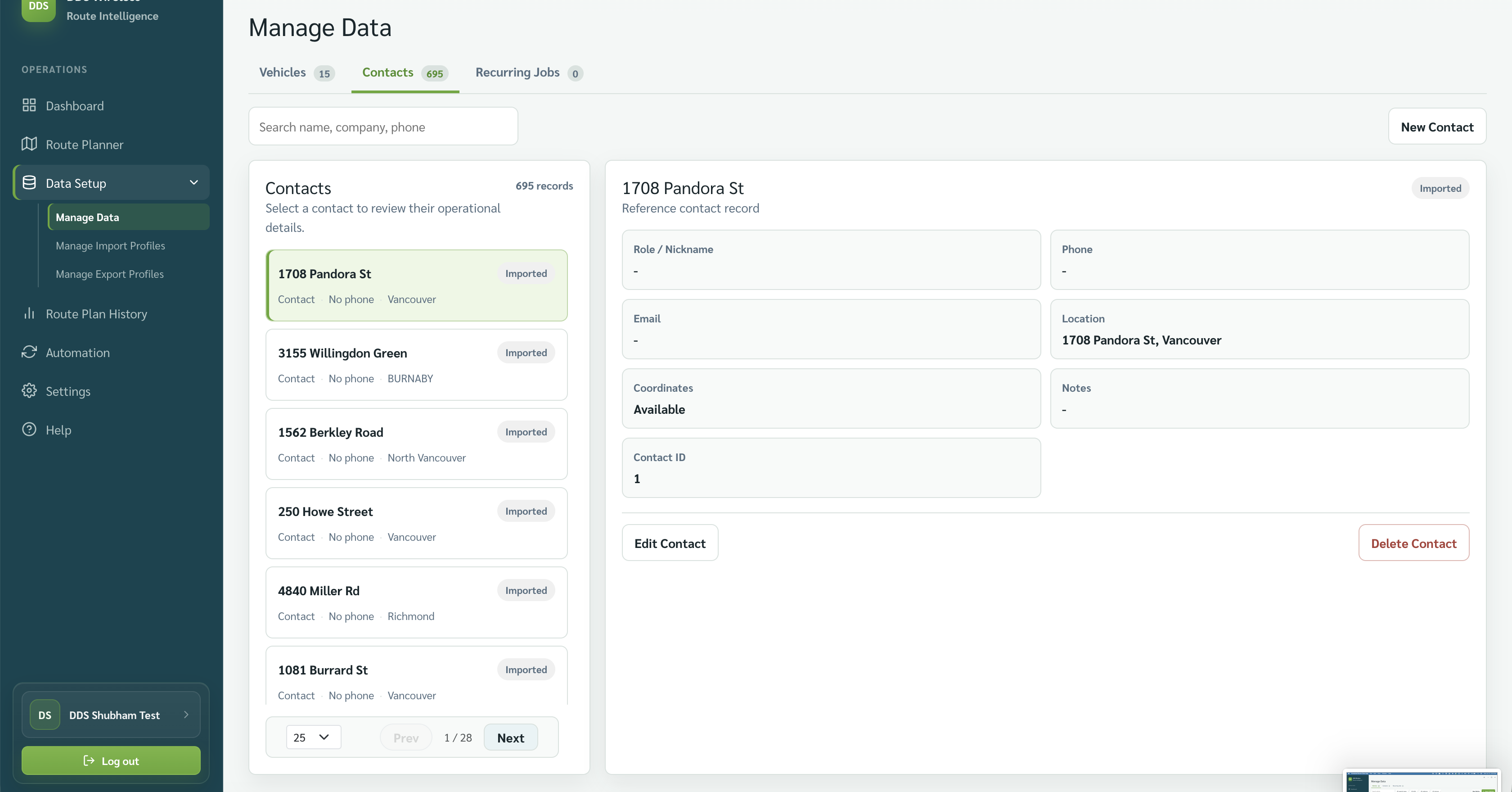 Manage Data on the Contacts tab with a contact record selected.