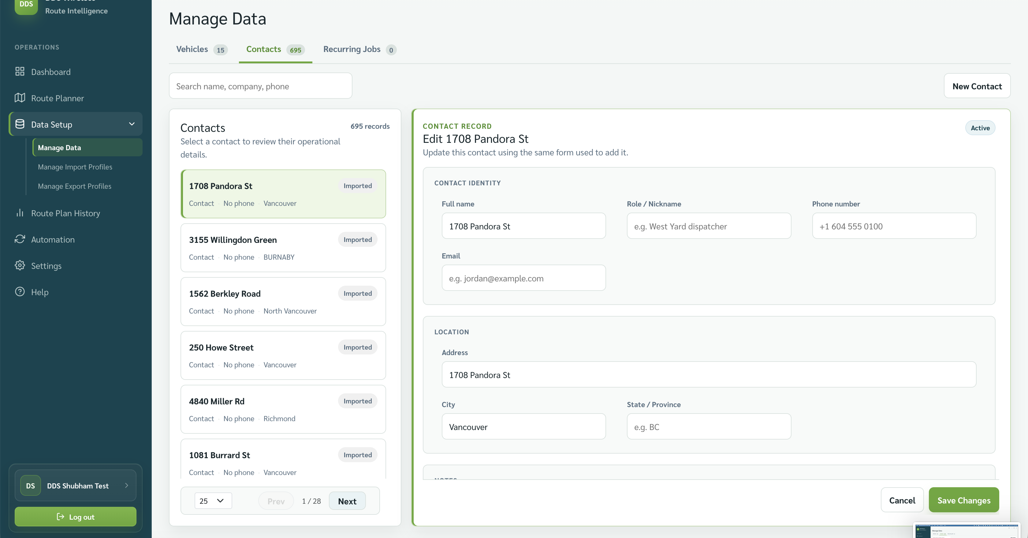 Edit Contact showing contact information and location fields.