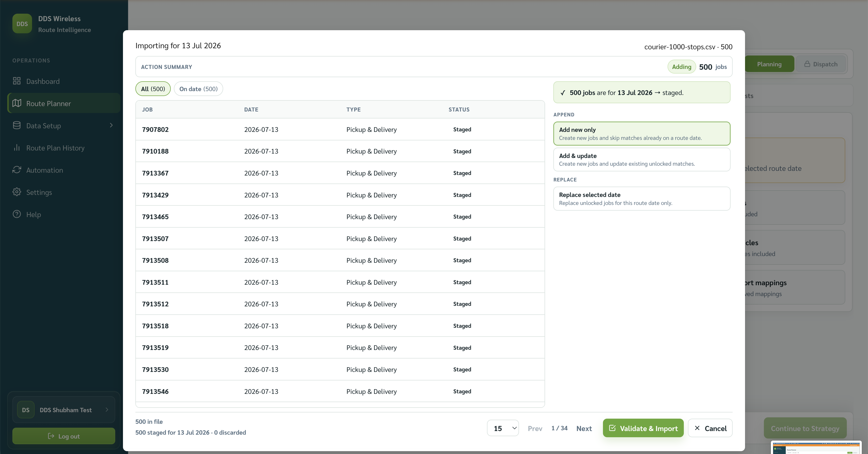 Staging review modal showing the Action Summary, JOB, DATE, TYPE, and STATUS columns, date handling, merge options, footer tally, and Validate & Import.