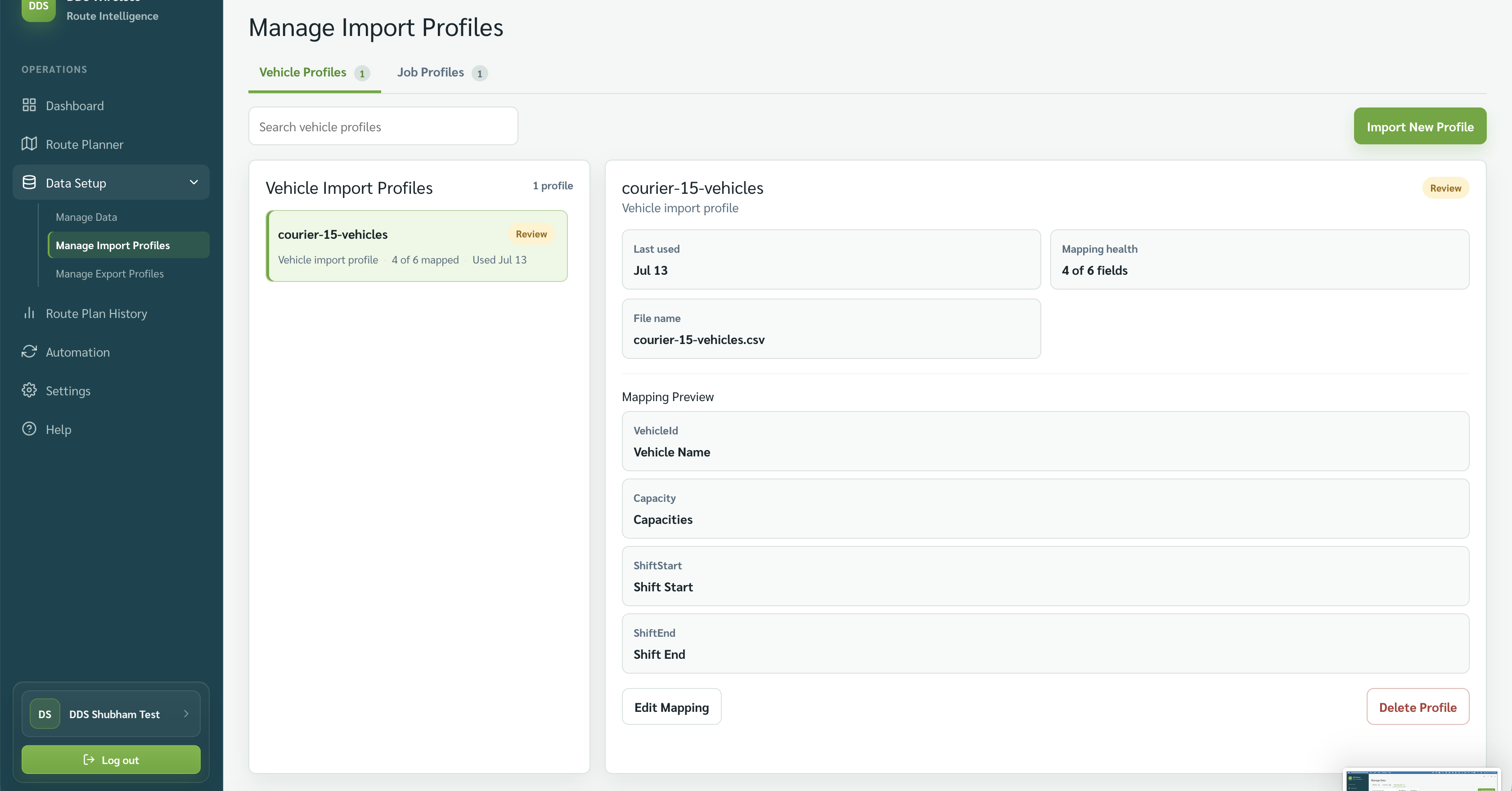 Manage Import Profiles showing the Vehicle Profiles list and selected mapping details.