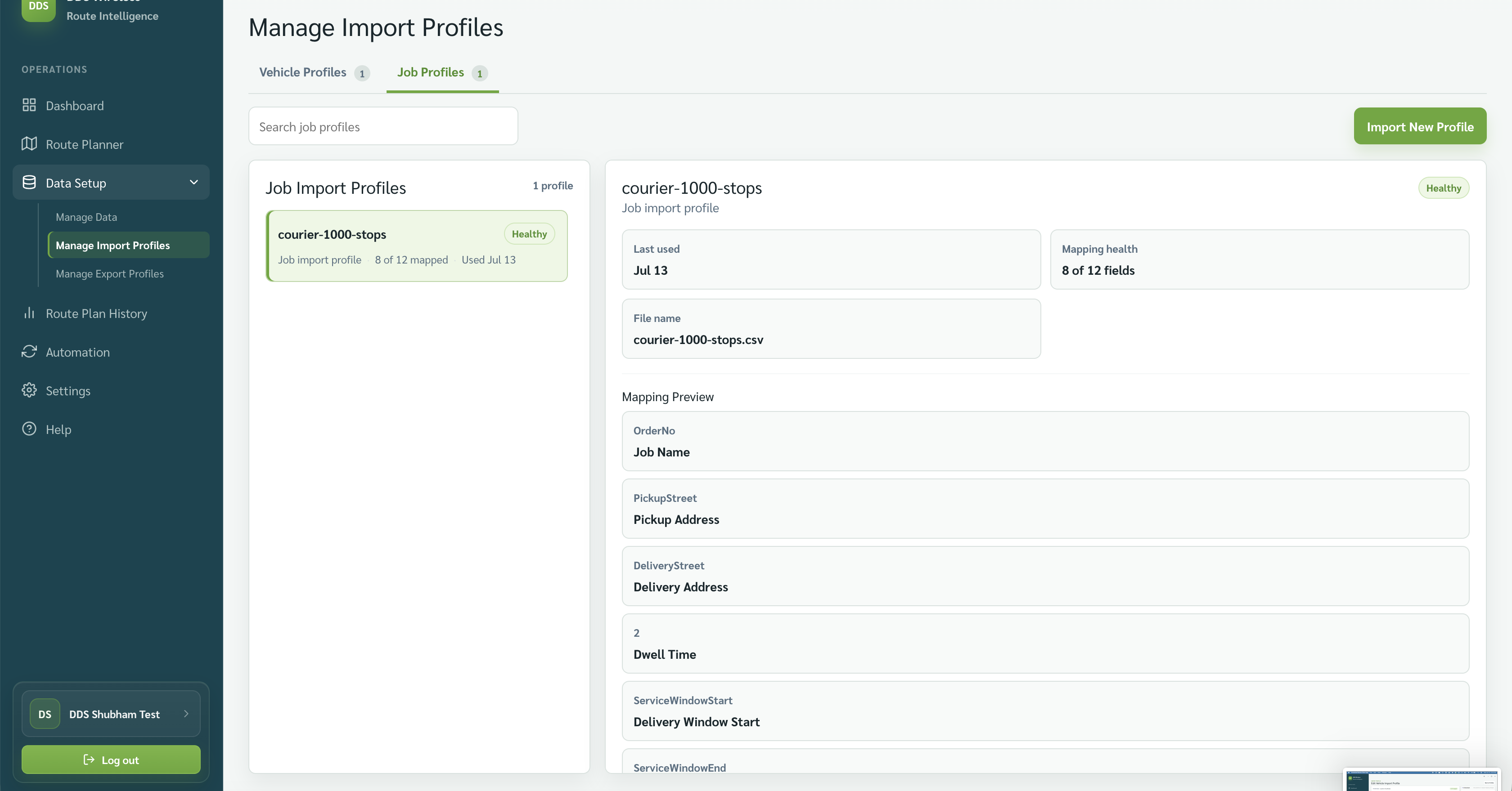 Manage Import Profiles showing the Job Profiles list and selected mapping details.