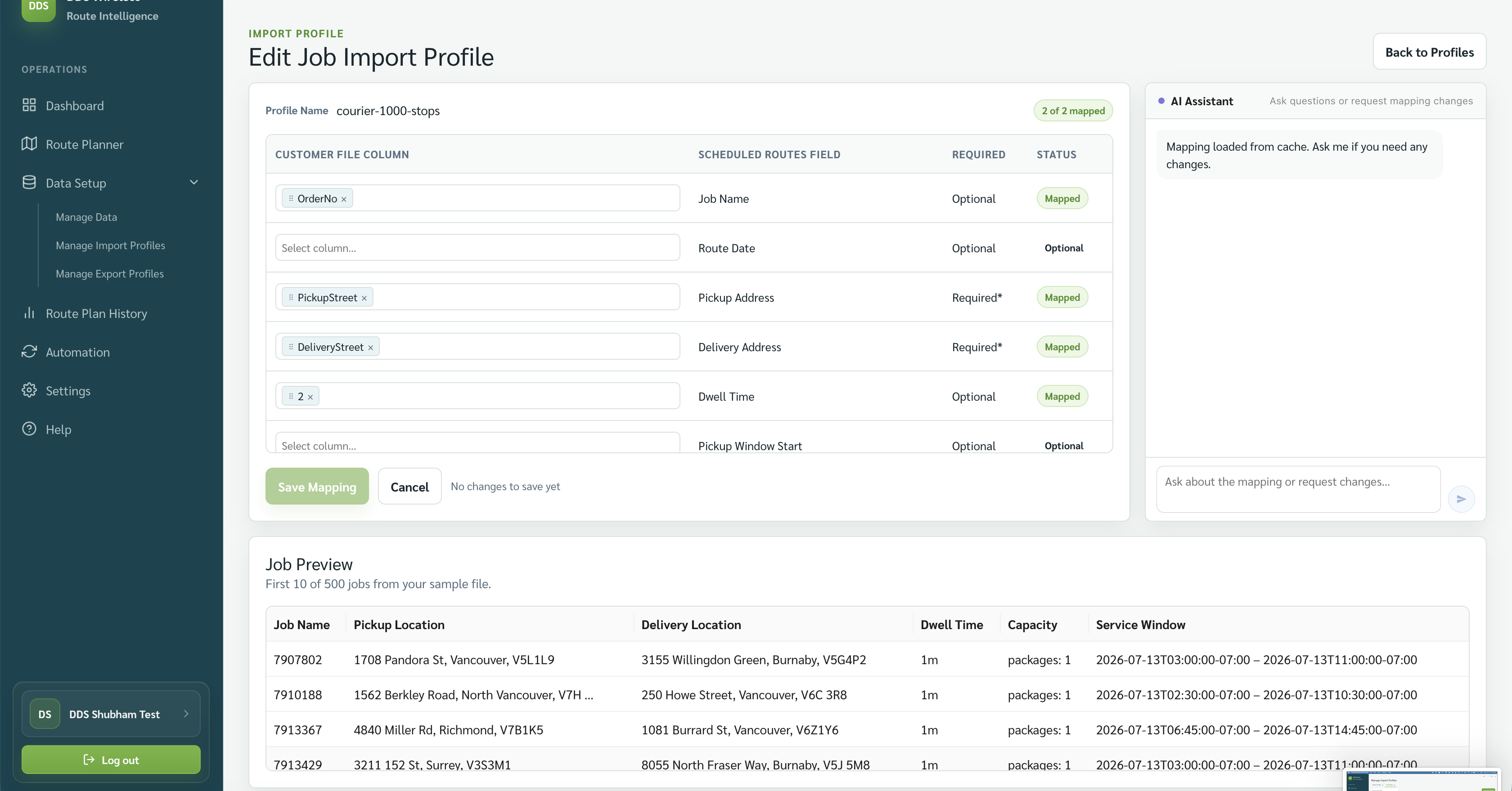 Edit Job Import Profile showing mapped fields, AI Assistant, and Job Preview.