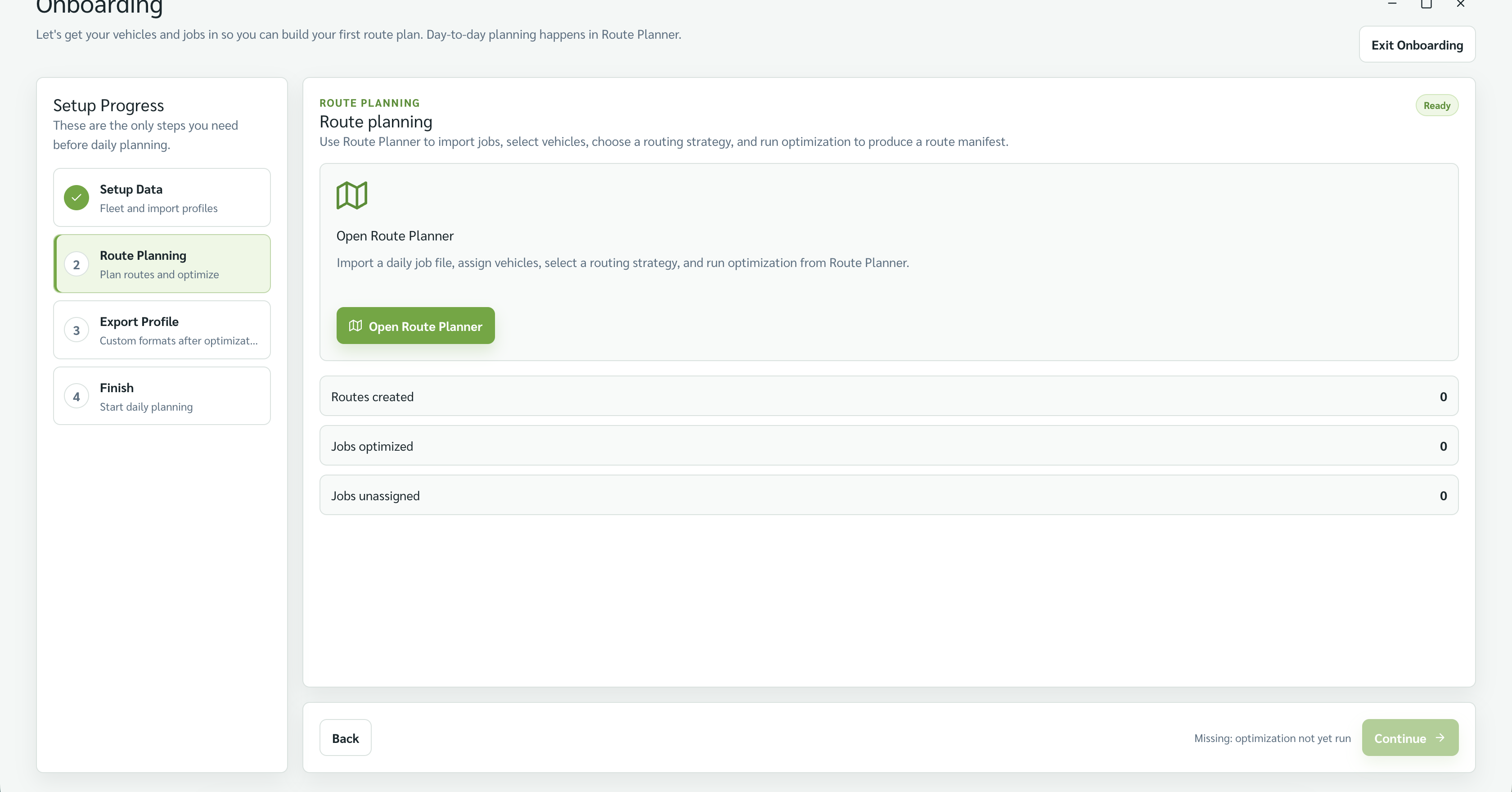 Onboarding Route Planning after setup data is complete.