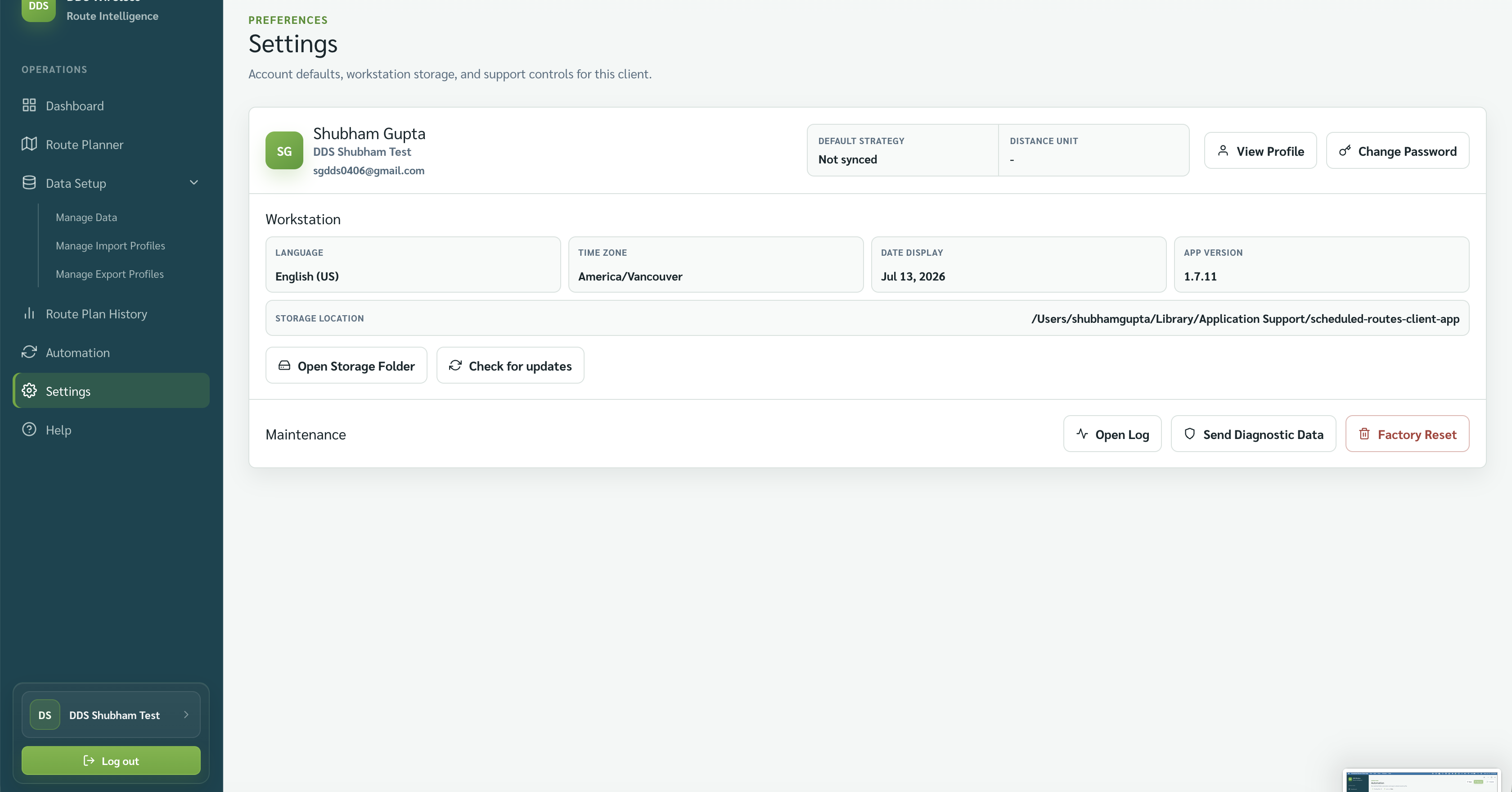 Settings showing Open Log and Send Diagnostic Data.