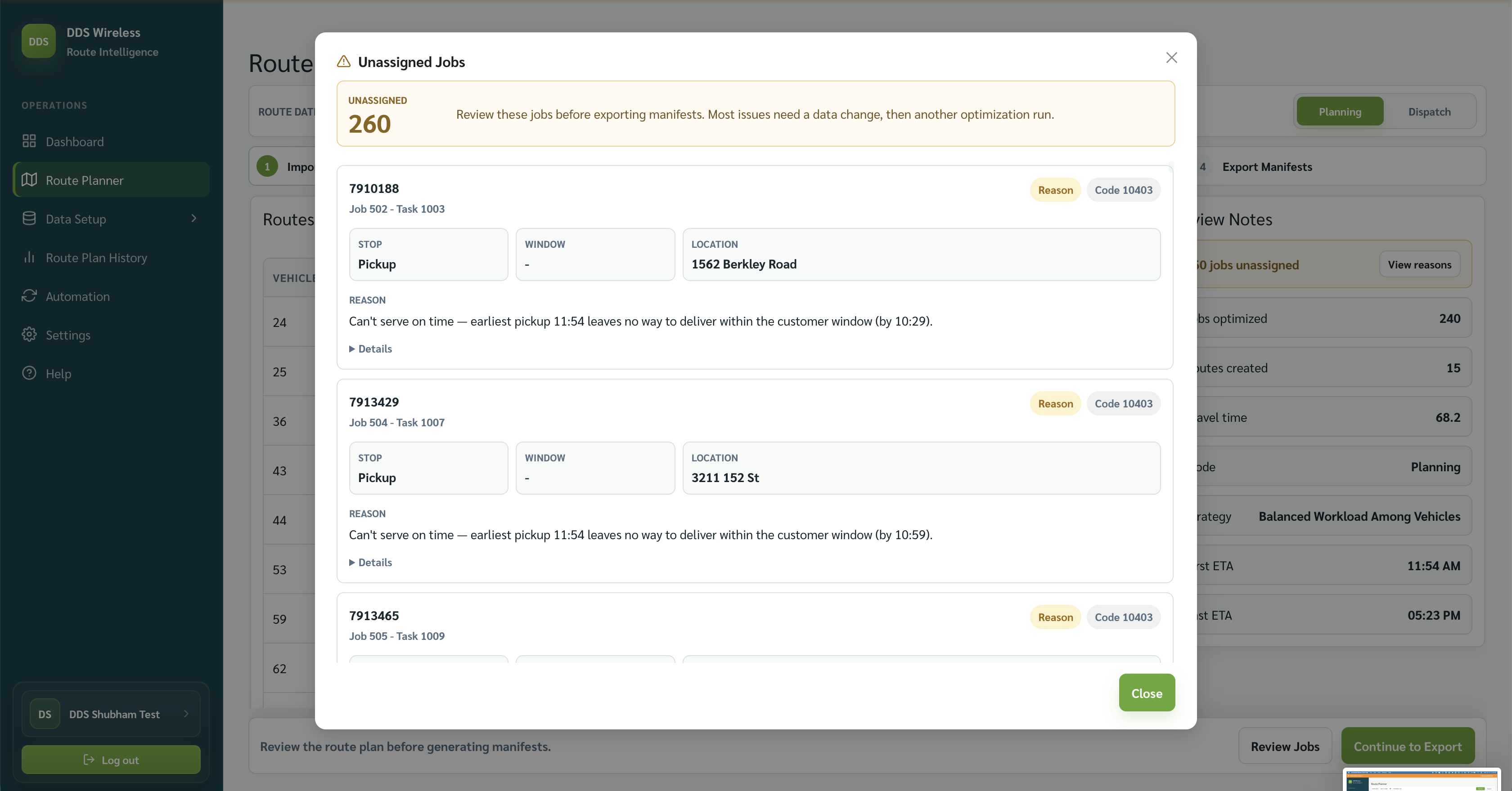 Unassigned Jobs window showing the reason text and code beside each job.