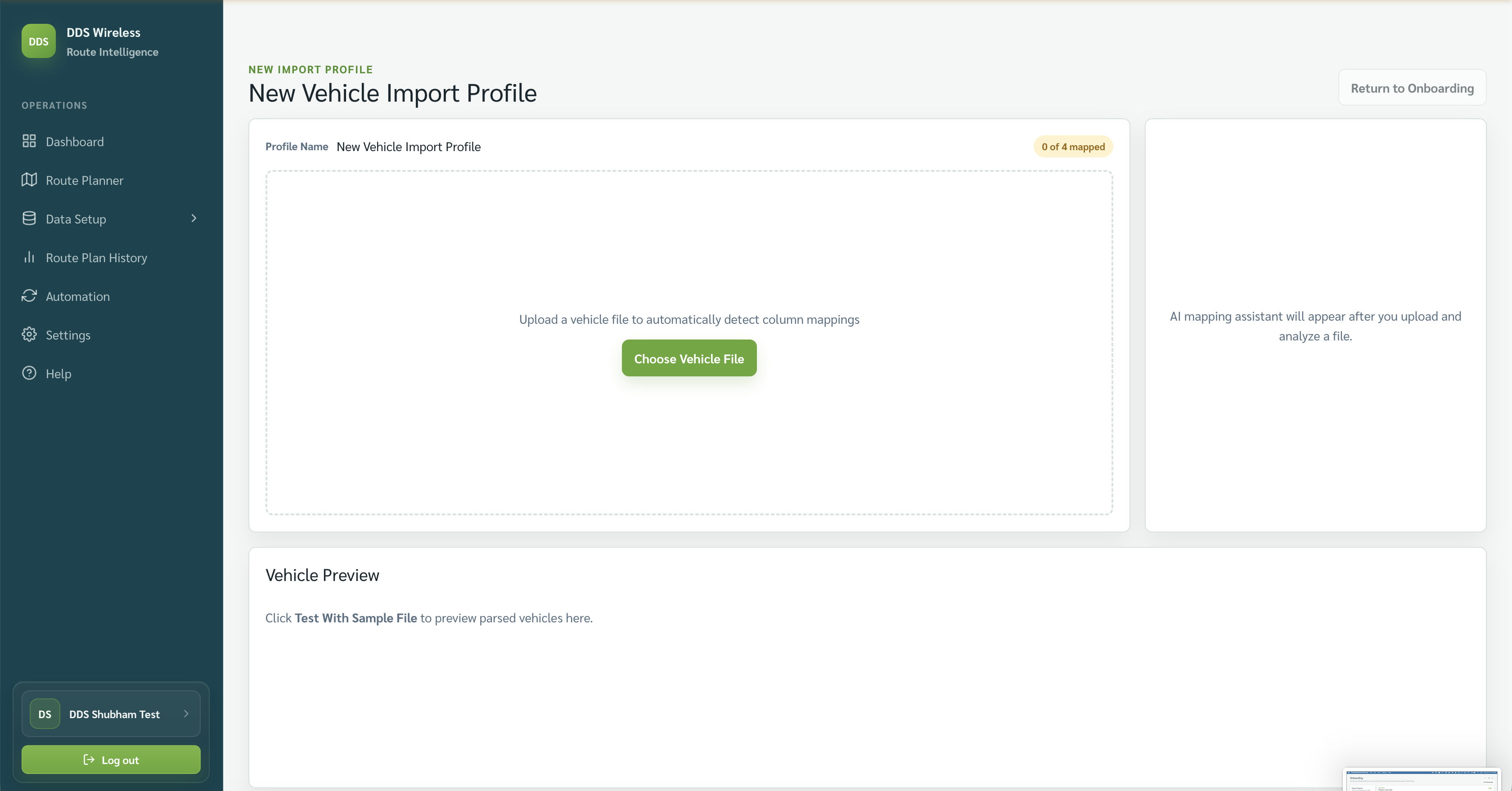 New Vehicle Import Profile waiting for a vehicle file.
