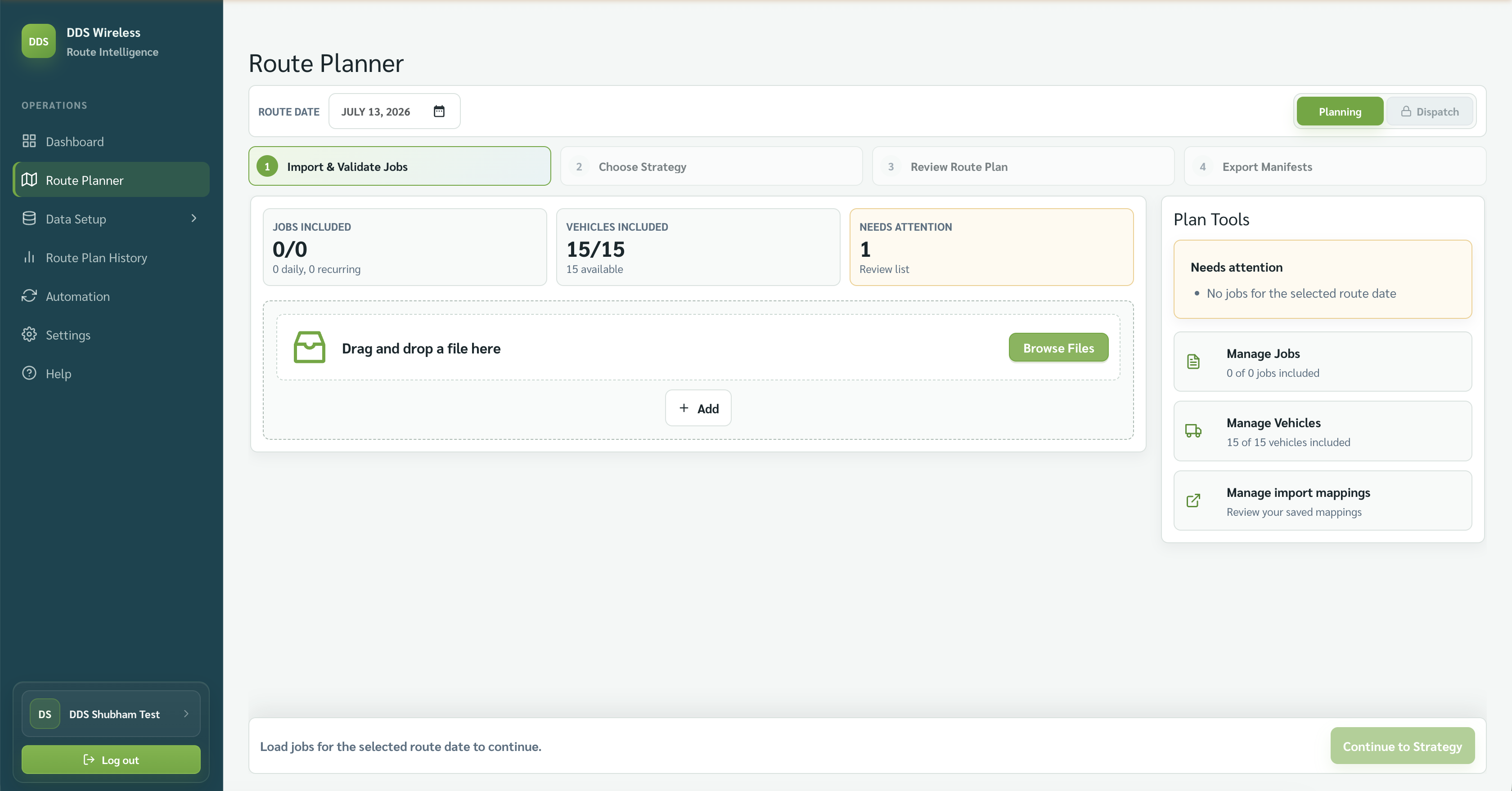 Import and Validate Jobs showing zero jobs for the selected date.
